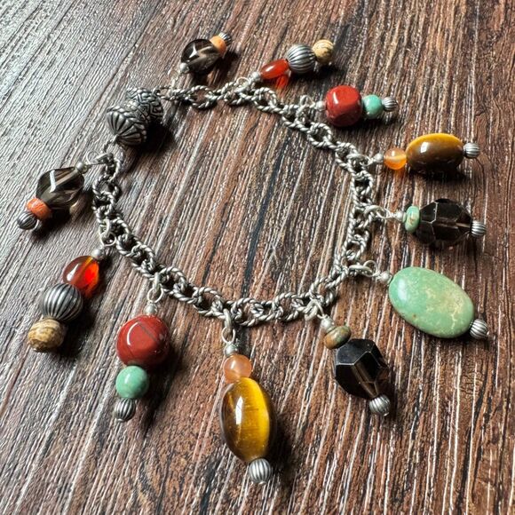 Vintage CAROLYN POLLACK Multi Gemstone Charm Bracelet Sterling Silver Turquoise - Picture 4 of 11